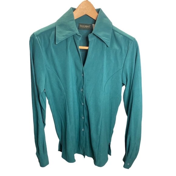 Harve Benard Green Collared Fitted Button Down Long Sleeve Top Sz S - Picture 1 of 9
